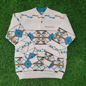 Vintage 1992 Tribal Aztec Henley Sweatshirt M 20x25 Crop USA